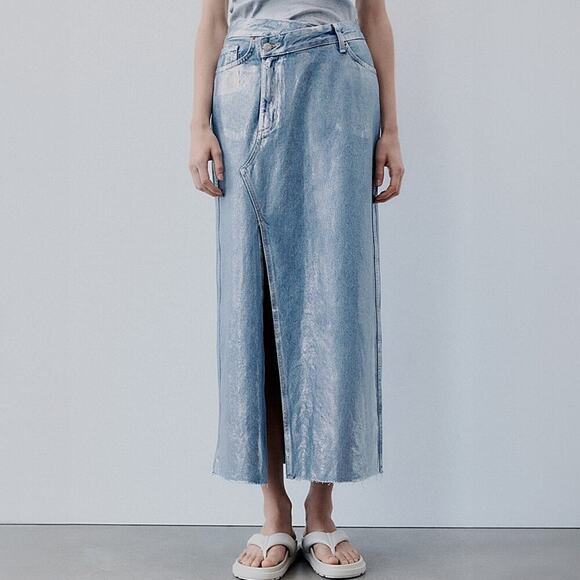 ZARA Metallic Blue Denim Asymmetrical Maxi Skirt Size XS - Picture 1 of 5